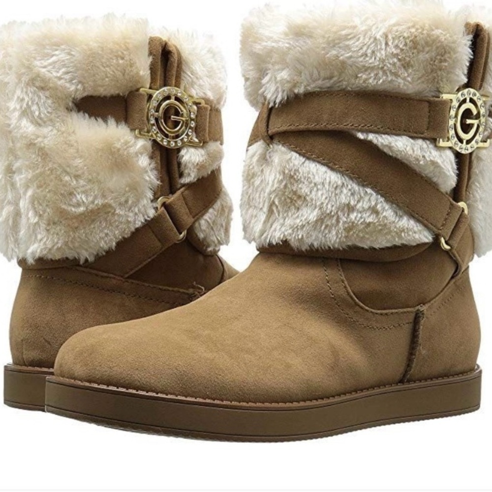 G by Guess Tan Winter Boots with Cream Faux-Fur Cuff and Gold G Accent